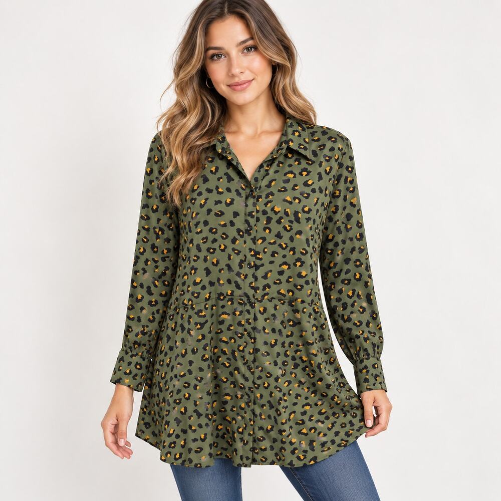 Susan Graver Button-Up Tunic Top Women's Size XL Olive Green Animal Print Office